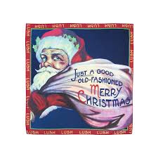Vintage-style illustration of Santa Claus with text on a red border